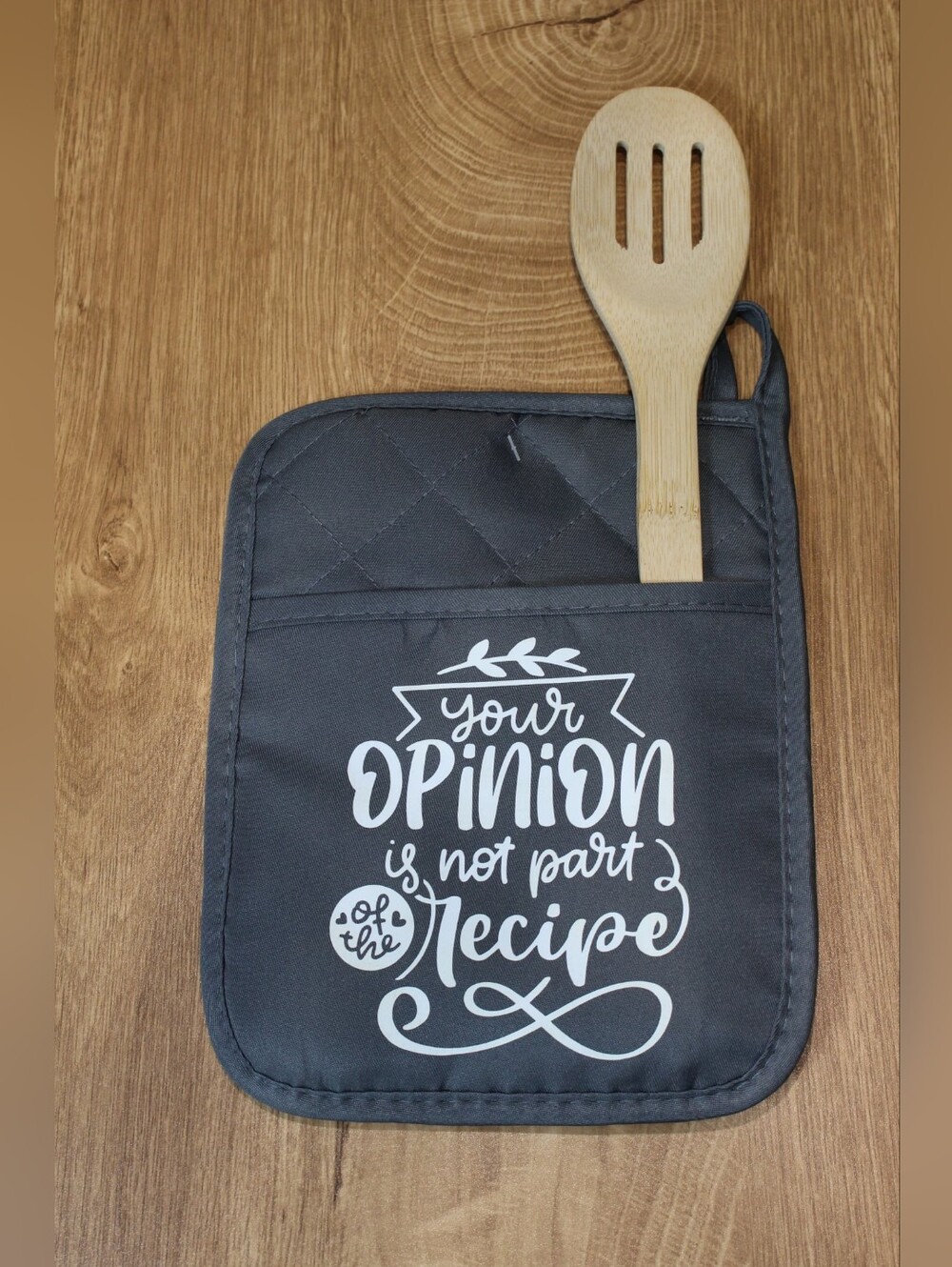 Handmade Gray Kitchen Potholder With Wooden Spoon